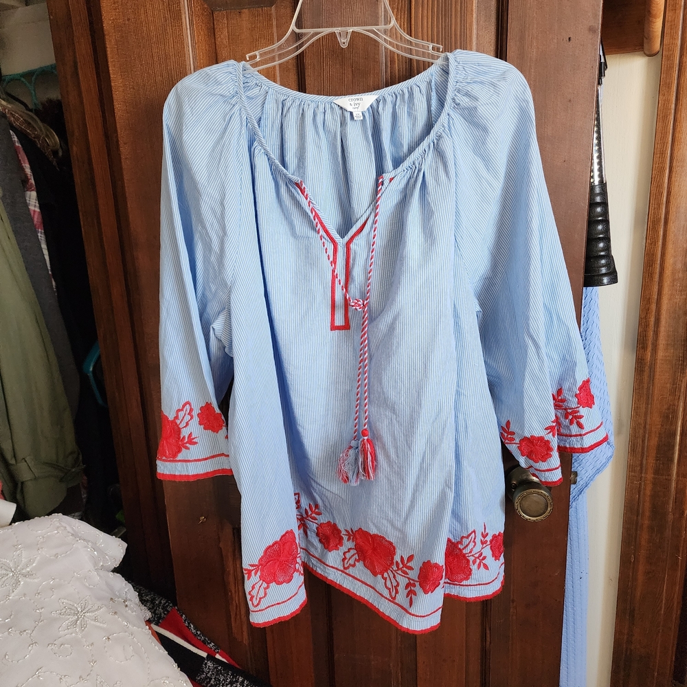 Crown & Ivy Light Blue Blouse with Red Embroidery